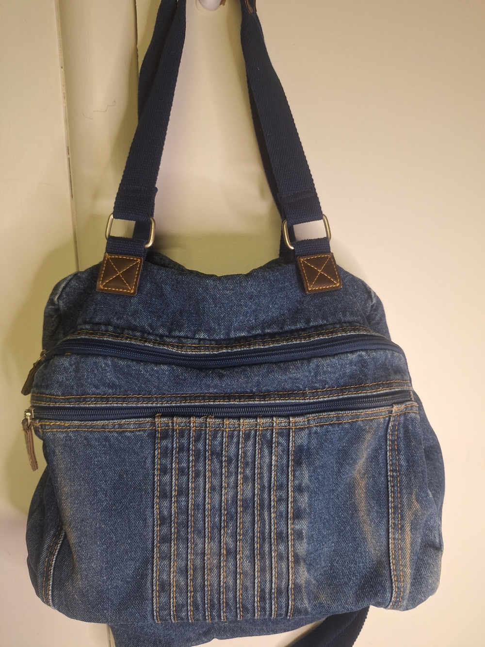 Blue Denim Back Pack Or Over The Shoulder Bag Dual Zipper Pockets